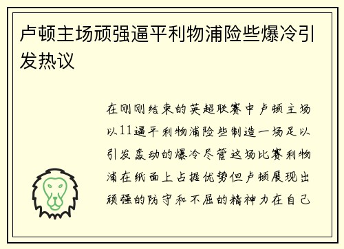 卢顿主场顽强逼平利物浦险些爆冷引发热议 卢顿主场顽强逼平利物浦险些爆冷引发热议